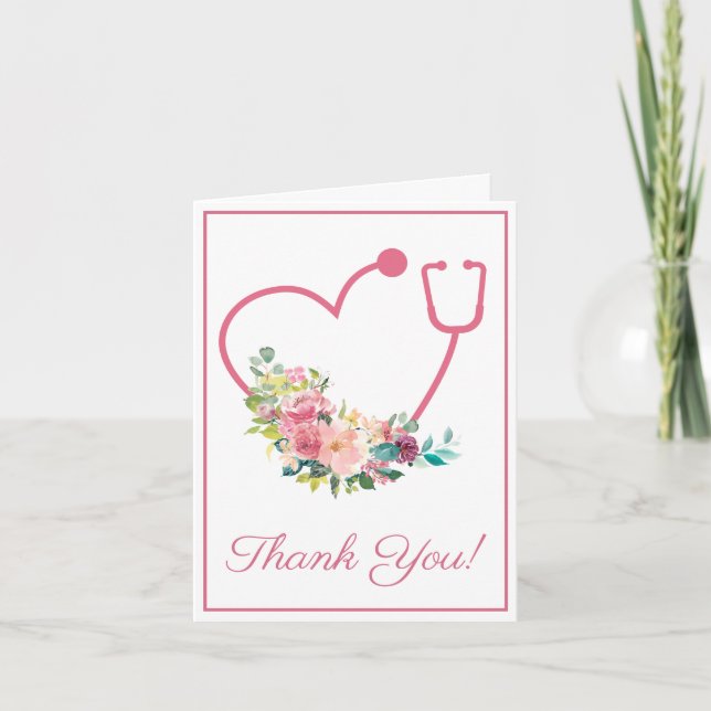 Pink Floral Stethoscope Heart Medical Thank You (Front)