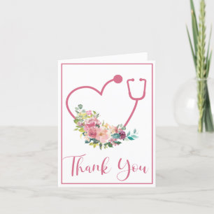 Pink Floral Stethoscope Heart Medical Thank You Card