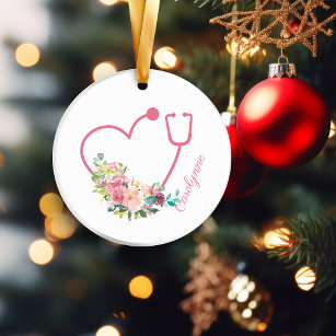 Pink Floral Stethoscope Heart Nurse Caregiver Ceramic Tree Decoration