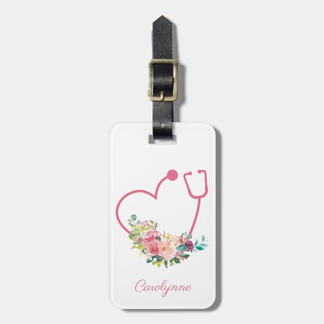 Pink Floral Stethoscope Heart Nurse Luggage Tag (Front Vertical)
