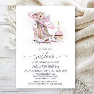 Pink Floral Stiletto Shoes 16th Birthday Party Invitation