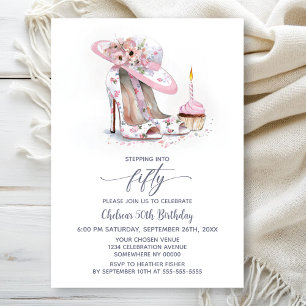 Pink Floral Stiletto Shoes 50th Birthday Party Invitation