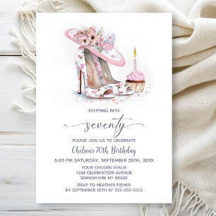 Pink Floral Stiletto Shoes 70th Birthday Party Invitation