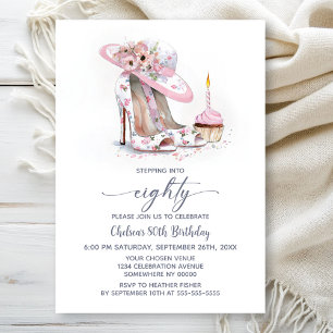 Pink Floral Stiletto Shoes 80th Birthday Party Invitation