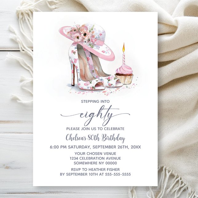Pink Floral Stiletto Shoes 80th Birthday Party Invitation (Creator Uploaded)