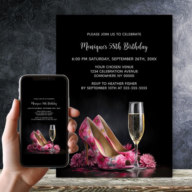 Pink Floral Stiletto Shoes Birthday Party Invitation (Creator Uploaded)