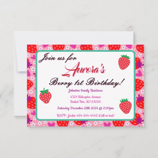 Pink Floral Strawberry 1st Birthday Party Invitation (Front)
