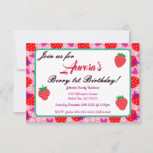 Pink Floral Strawberry 1st Birthday Party Invitation