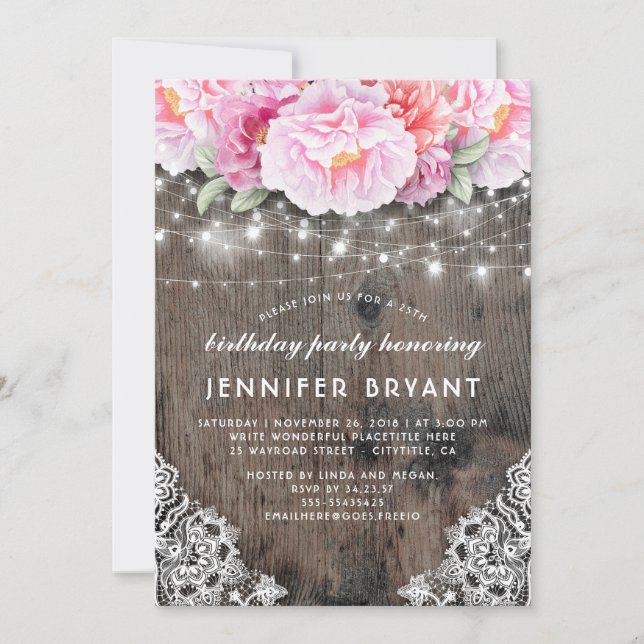 Pink Floral String Lights Rustic Birthday Party Invitation (Front)