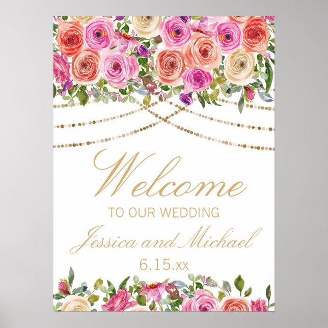 Pink Floral String Lights White Wedding Welcome Poster (Front)