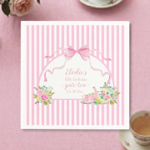 Pink Floral Stripe Let's Par-tea Birthday Napkin
