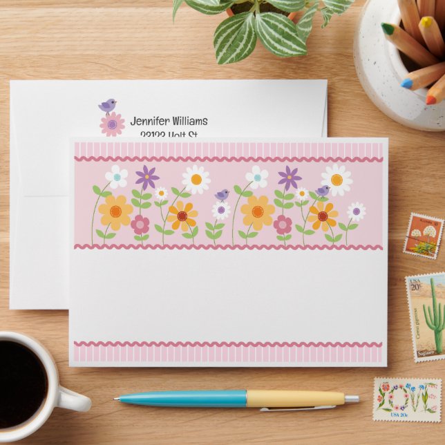 Pink Floral Stripe Rick Rack Envelope (Desk)