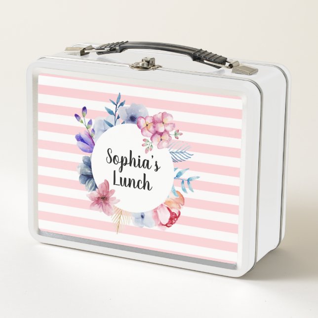 Pink Floral Striped Metal Lunchbox (Front)