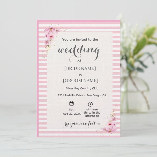 Pink Floral Striped Wedding Invitation (Standing Front)