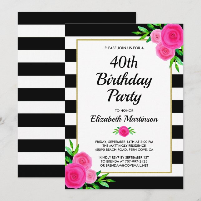Pink Floral Stripes 40th Birthday Party Invitation (Front/Back)