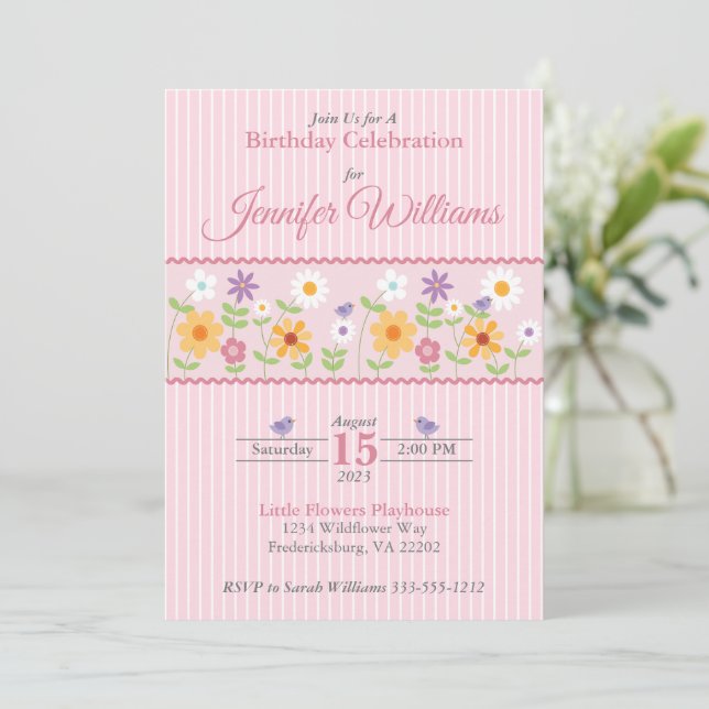 Pink Floral Stripes Birthday Invitation (Standing Front)