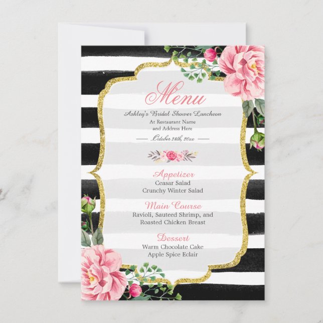 Pink Floral Stripes | Bridal Shower Luncheon Menu Invitation (Front)