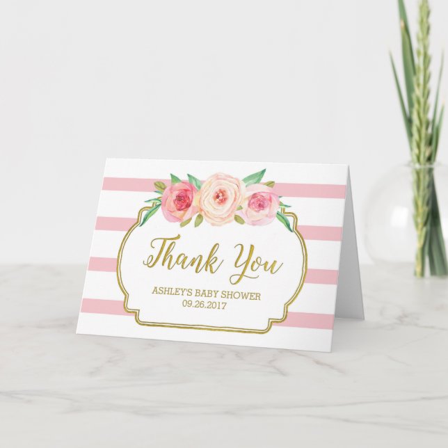 Pink Floral Stripes Gold Baby Shower Thank You (Front)