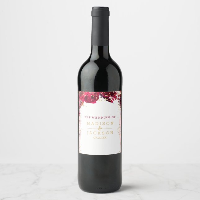 Pink Floral Stripes Gold Confetti Wedding Monogram Wine Label (Front)