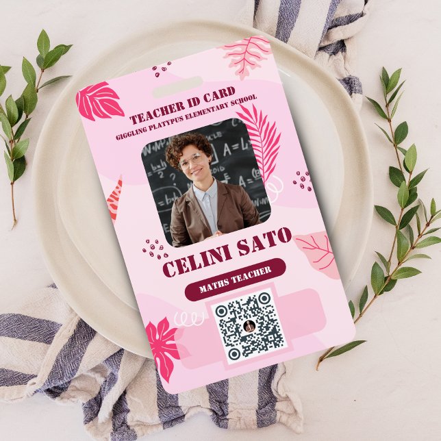 Pink Floral Style Homeschool ID Card ID Badge (Pink Floral Style Homeschool ID Card with QR Code and Photo Badge)