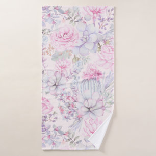 Pink Floral Succulent Illustration Summer Pattern Bath Towel Set