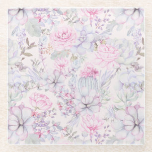 Pink Floral Succulent Illustration Summer Pattern Glass Coaster