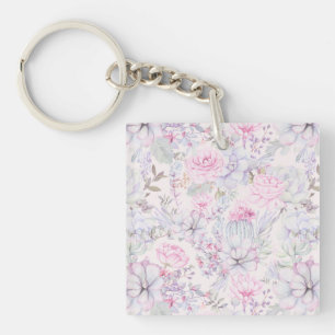Pink Floral Succulent Illustration Summer Pattern Key Ring
