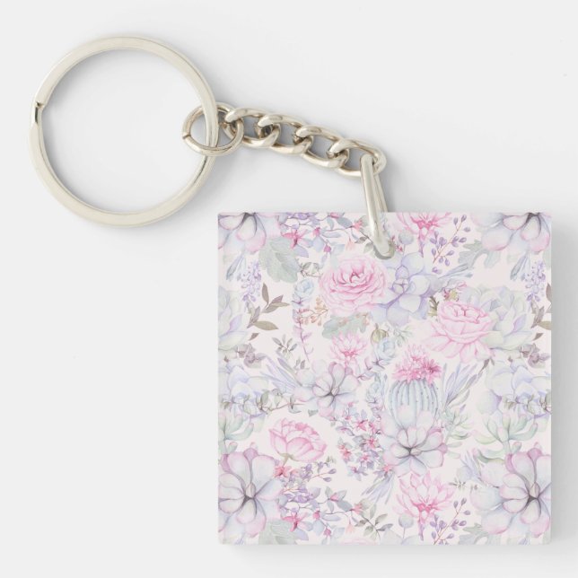 Pink Floral Succulent Illustration Summer Pattern Key Ring (Front)
