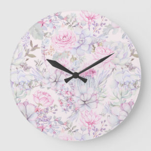 Pink Floral Succulent Illustration Summer Pattern Large Clock