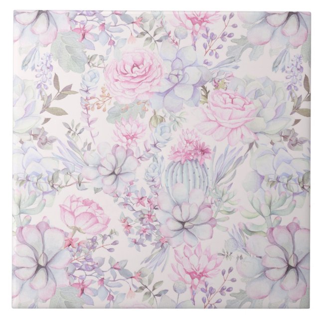 Pink Floral Succulent Illustration Summer Pattern Tile (Front)
