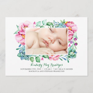 Pink Floral Succulents Bouquet Birth Announcement