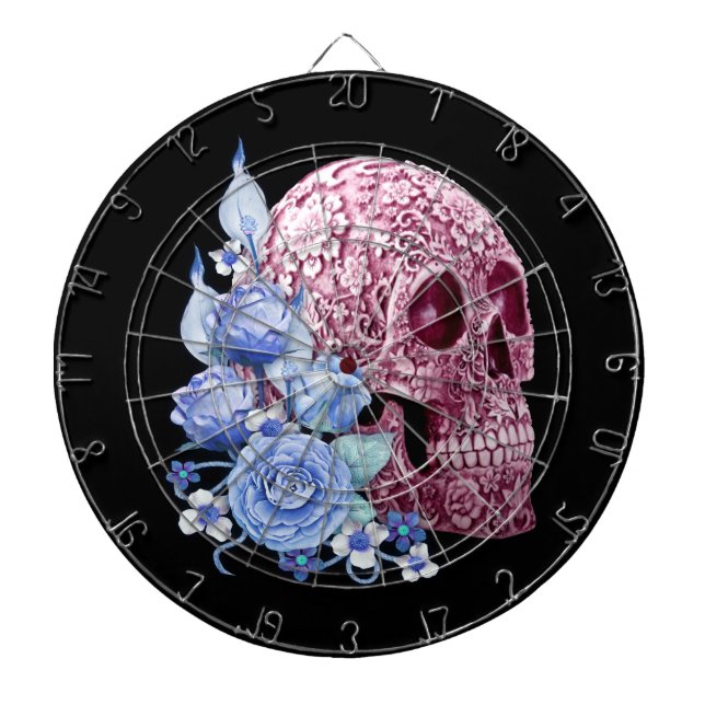 Pink Floral Sugar Skull Blue Flowers Dartboard (Front)