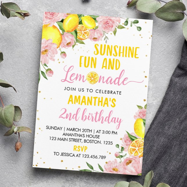 Pink Floral Sunshine Lemonade Birthday Invitation (Creator Uploaded)