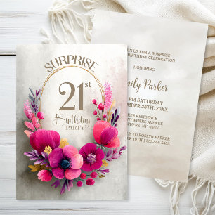 Pink Floral Surprise 21st Birthday Party Invitation