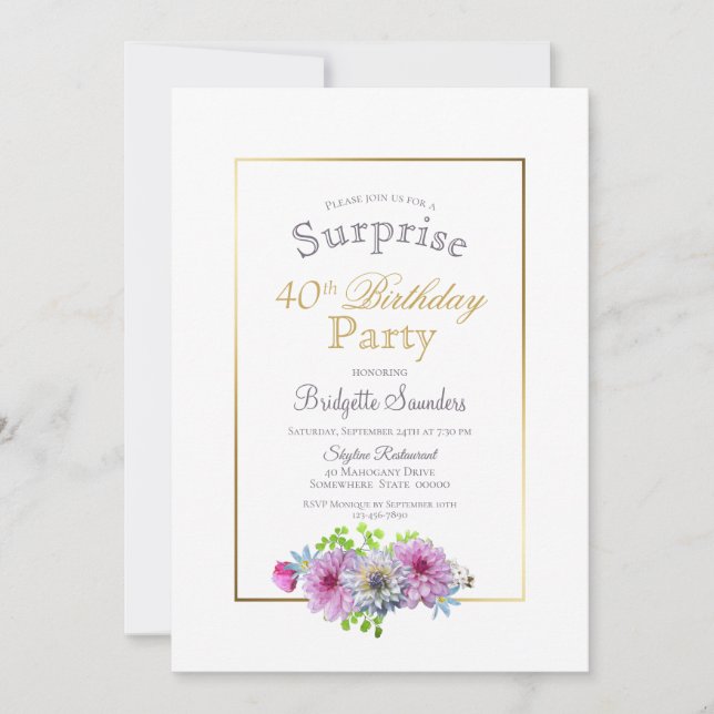 Pink Floral Surprise 40th Birthday Party Invitation (Front)