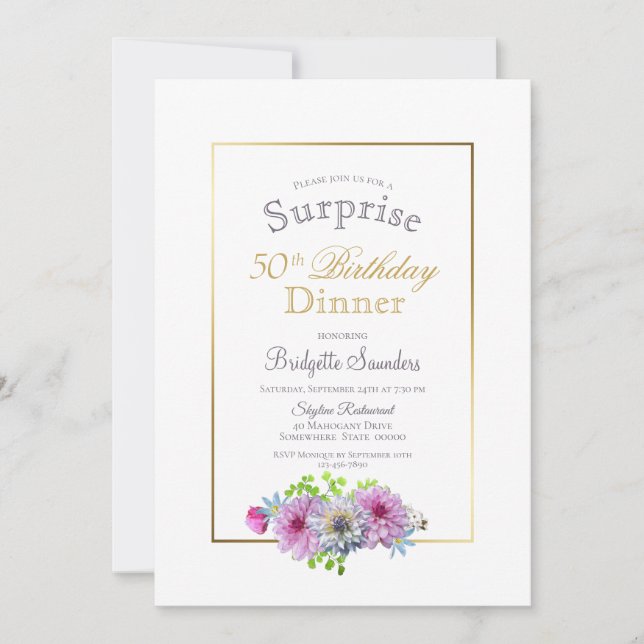 Pink Floral Surprise 50th Birthday Dinner Invitation (Front)