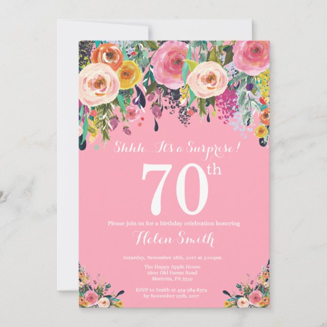 Pink Floral Surprise 70th Birthday Invitation (Front)