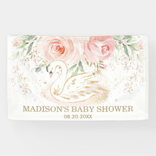 Pink Floral Swan Baby Shower Birthday Backdrop  Banner
