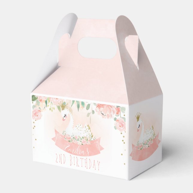 Pink Floral Swan Princess Birthday Favor Box (Front Side)