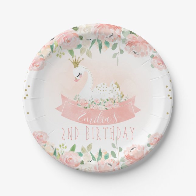 Pink Floral Swan Princess Birthday Paper Plate (Front)