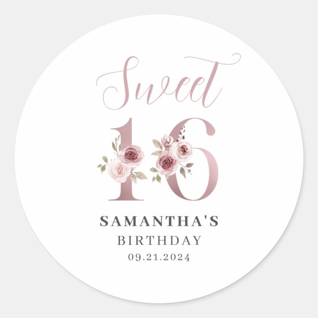 Pink Floral Sweet 16 Birthday   Classic Round Sticker (Front)