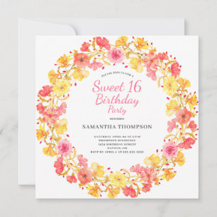 Pink Floral Sweet 16 Birthday Invitation