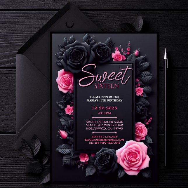 Pink Floral Sweet 16 Birthday Party Invitation (Editable Sweet 16 Invitation, Black and Pink Sweet Sixteen, Floral 16th Birthday Party Invite)