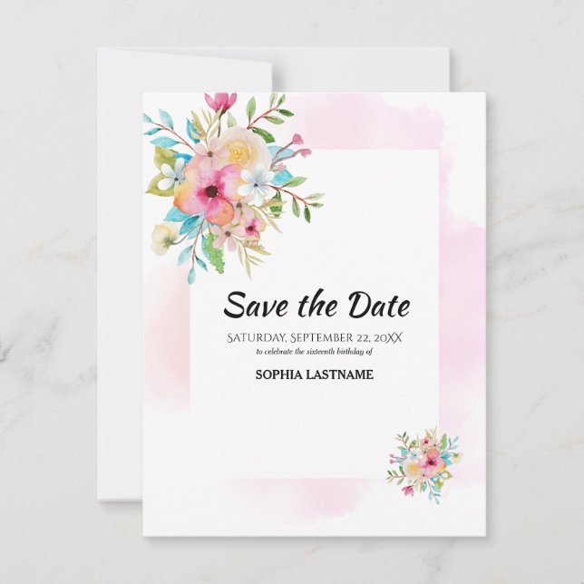Pink Floral Sweet 16 Flat Save The Date Card (Front)