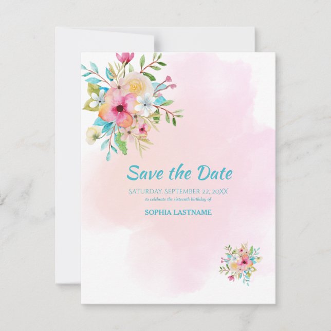 Pink Floral Sweet 16 Flat Save The Date Card (Front)