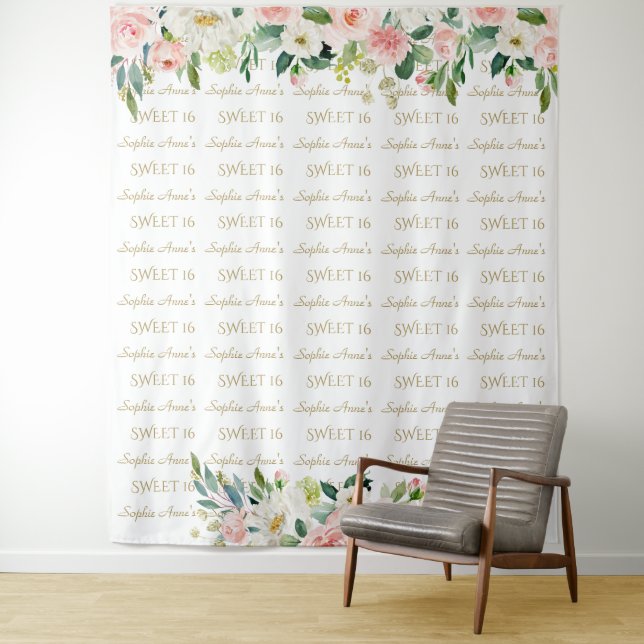 Pink Floral Sweet 16 Step And Repeat Backdrop Tapestry (In Situ)