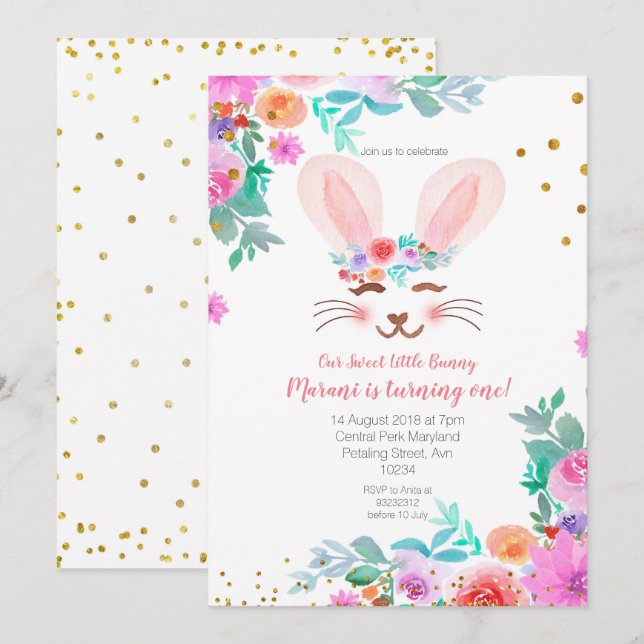 Pink Floral Sweet Bunny 1st Birthday Invitation (Front/Back)