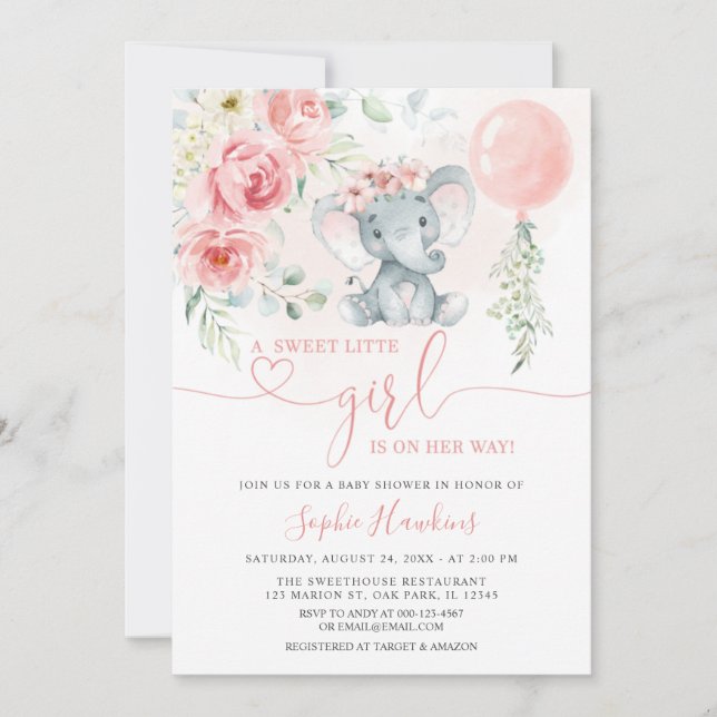 Pink Floral Sweet Little Girl Elephant Baby Shower Invitation (Front)