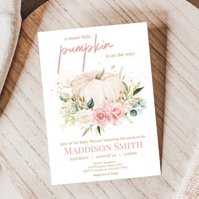 Pink Floral Sweet Little Pumpkin Baby Shower Invitation (Sweet Floral Little Pumpkin Baby Shower Invitation
)