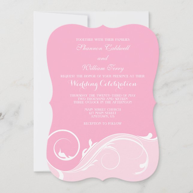 Pink Floral Swirl Bracket Wedding Invites (Front)